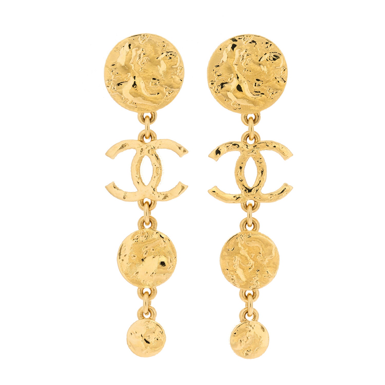 Chanel Hammered Medallion CC Dangle Earrings Gold 1 of 5