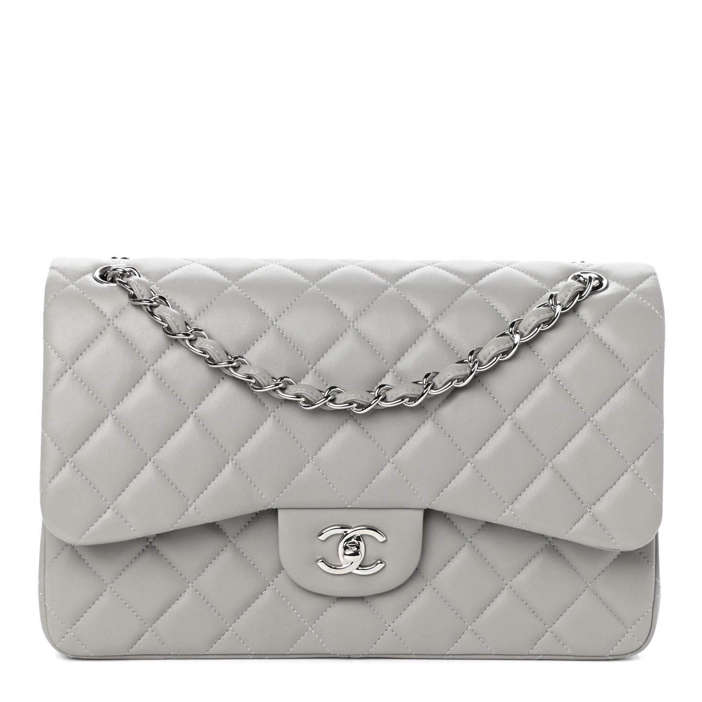 Lambskin Quilted Jumbo Double Flap Grey