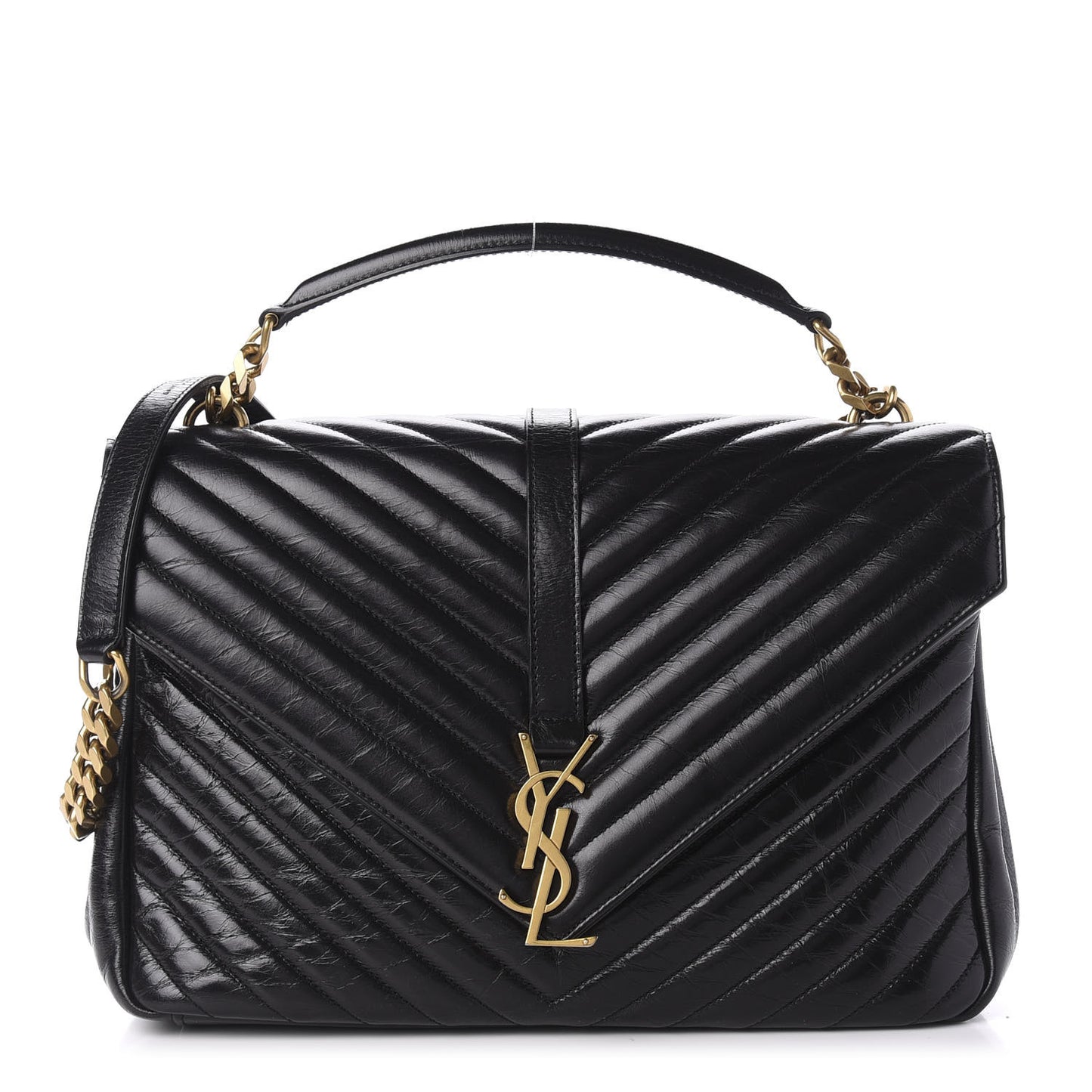 Cracked Shiny Calfskin Matelasse Chevron Monogram Large College Satchel Black