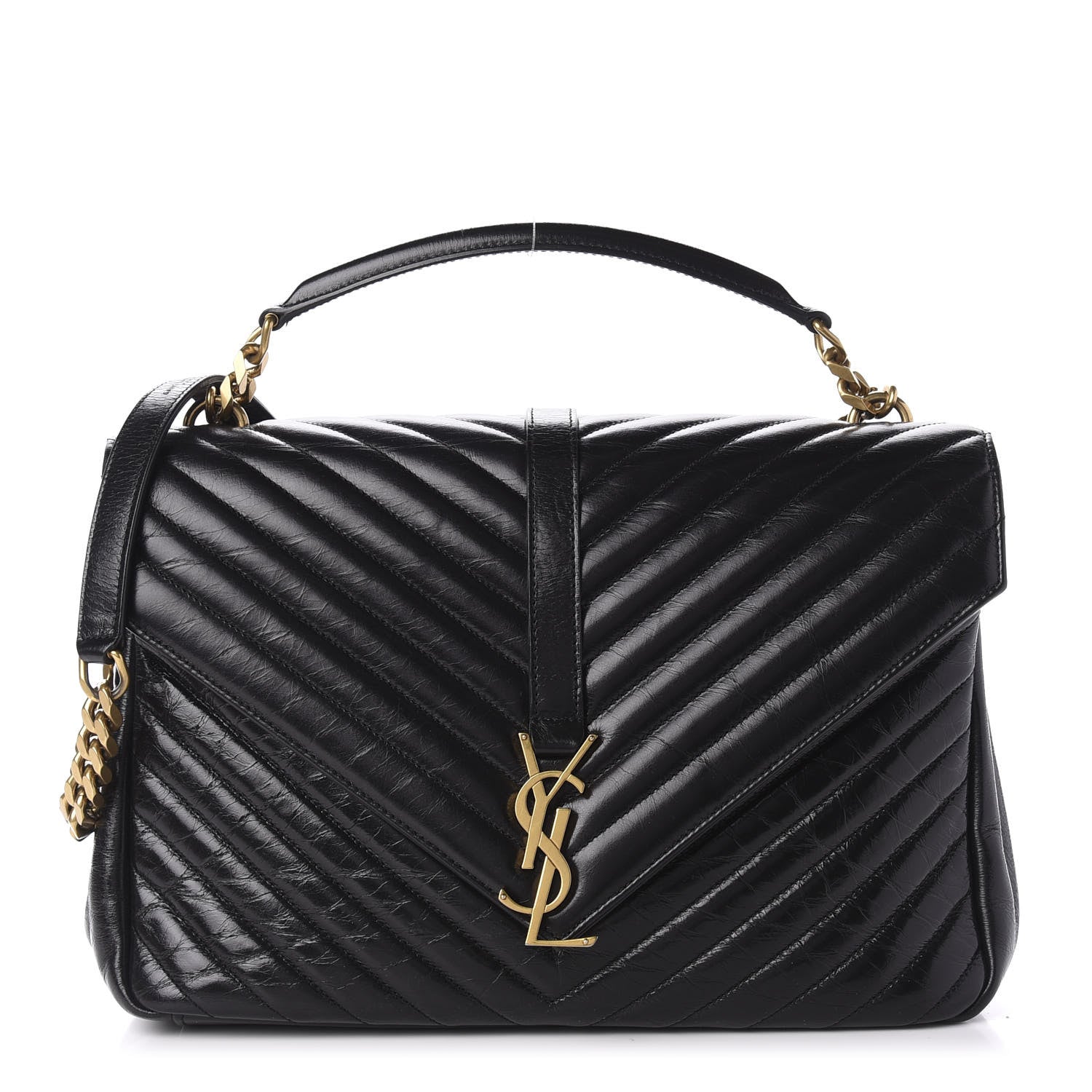 Saint Laurent Cracked Shiny Calfskin Matelasse Chevron Monogram Large College Satchel Black 1 of 11