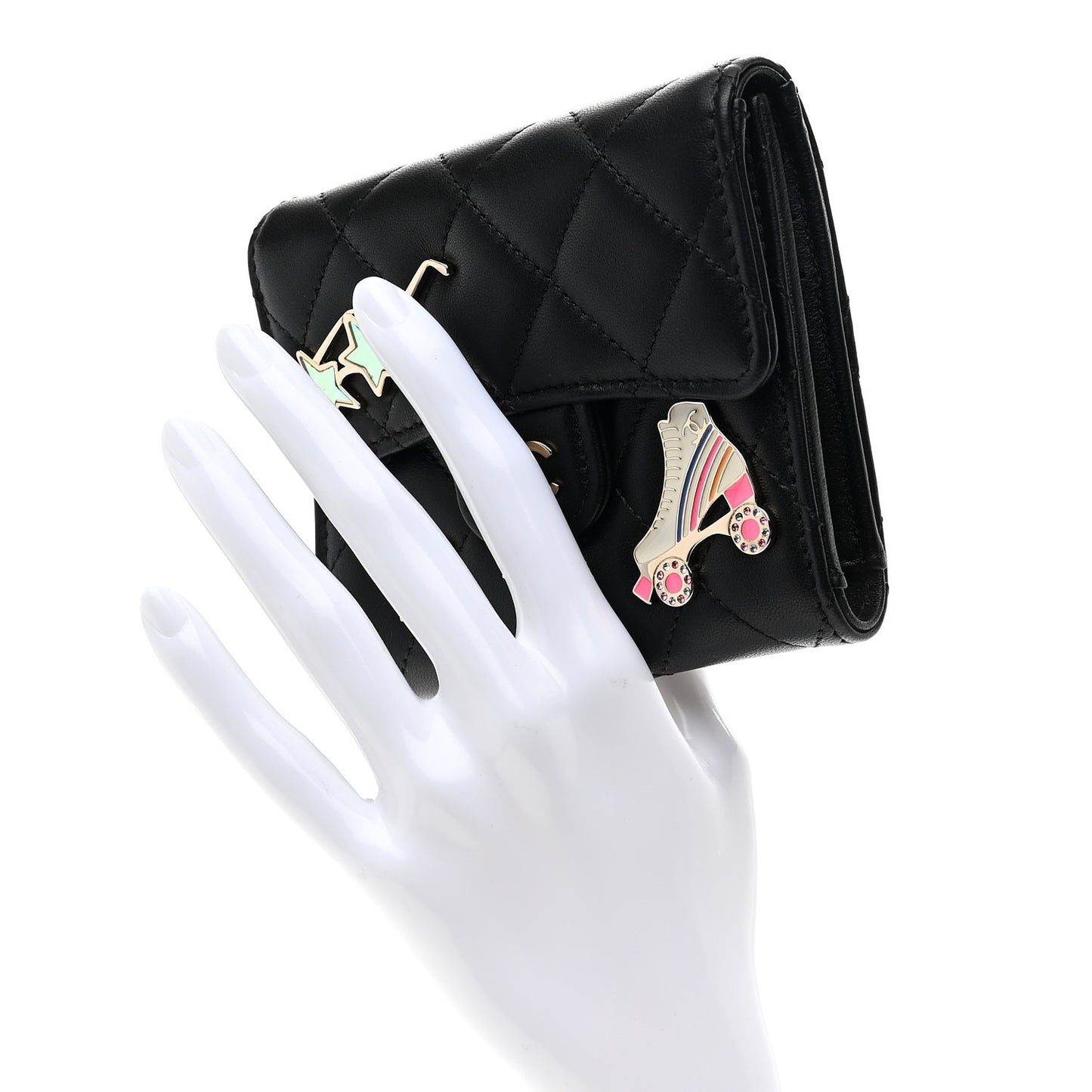 Lambskin Enamel Quilted Roller Skate Compact Flap Wallet Black
