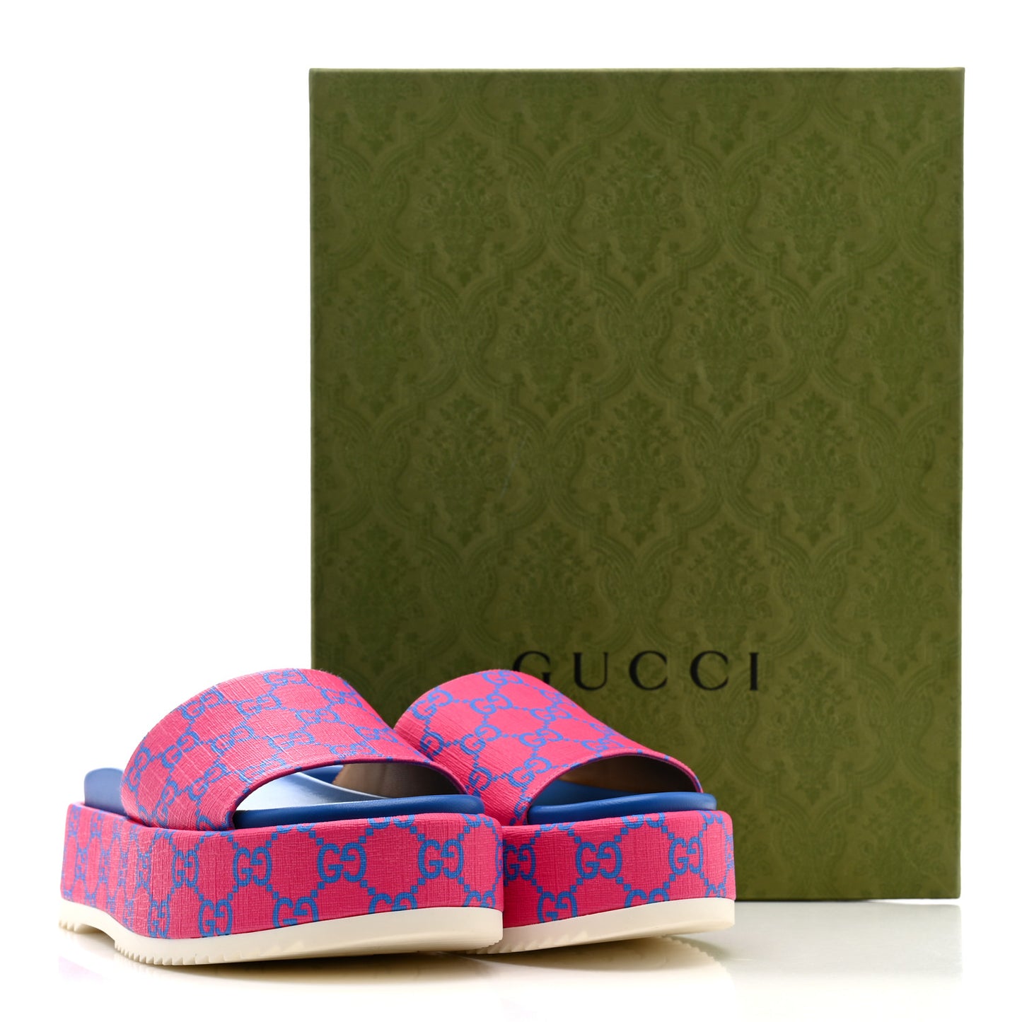 GG Supreme Joy Monogram Angelina Platform Slide Sandals 36 Fuxia Blue