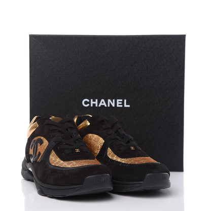 Chanel Kid Suede Croc Calfskin Embossed Metallic Fabric Mens Sneakers 46 Black Gold 8 of 8