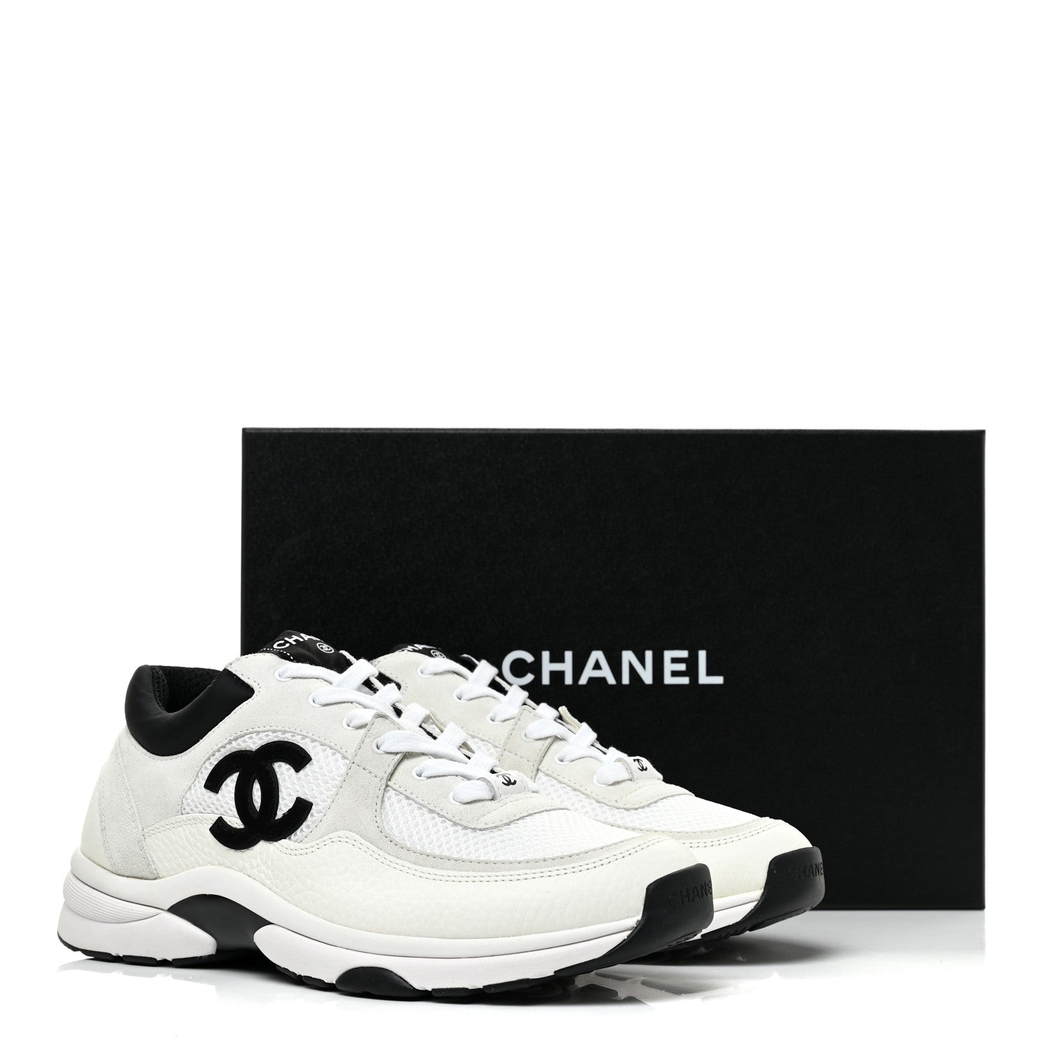Chanel Mesh Suede Calfskin Grained Calfskin Womens CC Sneakers 41 White Black 9 of 9