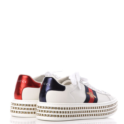 Gucci Calfskin Crystal Web Bee Embroidered Womens Ace Platform Sneakers 38 White 4 of 9