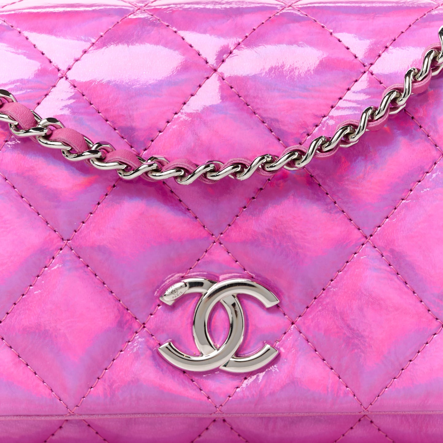 Iridescent Mirror Goatskin Quilted Clutch With Chain Pink