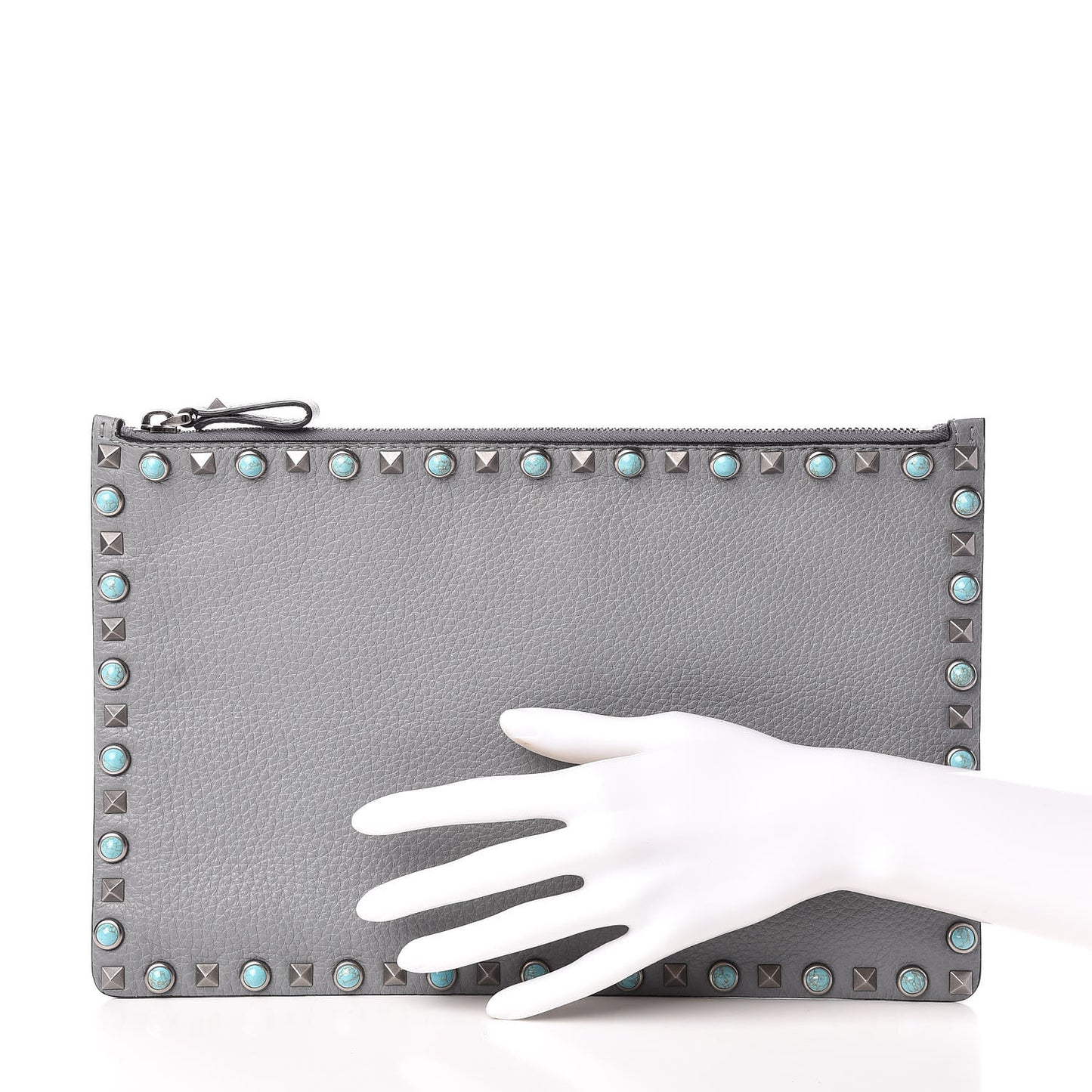 Grained Calfskin Turquoise Large Rockstud Rolling Zip Pouch Light Stone