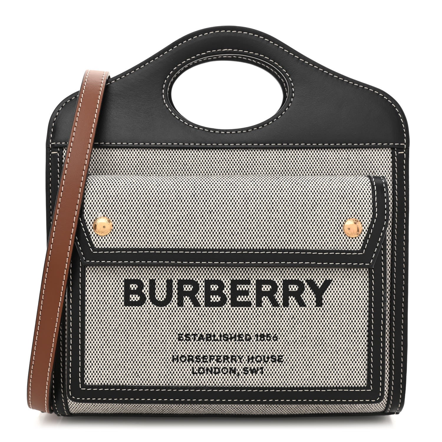 Burberry Canvas Smooth Calfskin Two Tone Mini Pocket Bag Black Tan 1 of 8