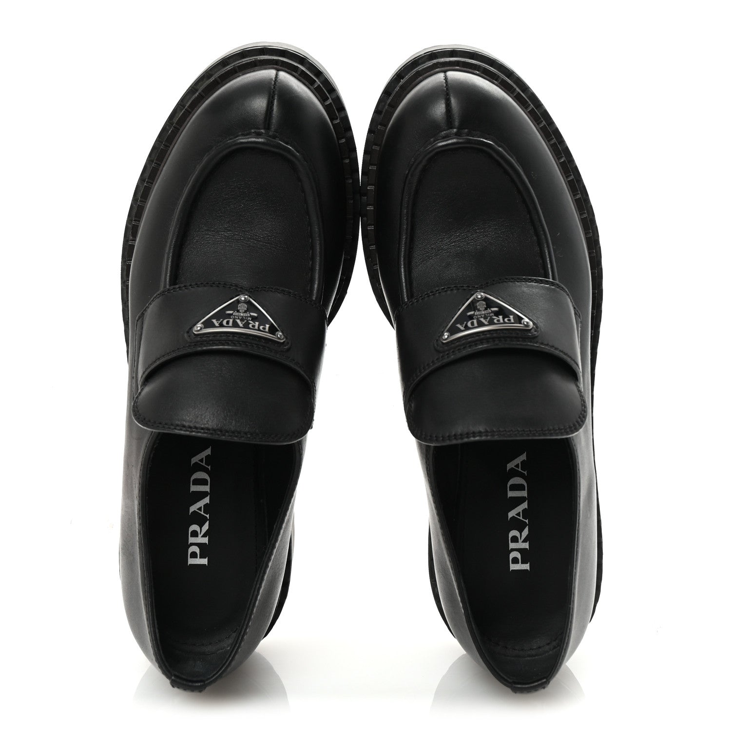 Prada Spazzolato Metal Triangle Logo Double Chocolate Loafers 39 Black 2 of 9