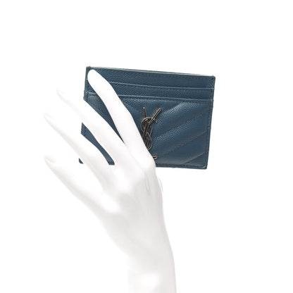 Saint Laurent Grain De Poudre Matelasse Chevron Monogram Credit Card Case Peacock Green 2 of 7