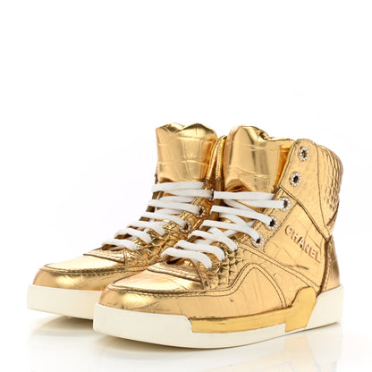 Chanel Metallic Calfskin Crocodile Embossed Cocodile High Top Sneakers 38 Gold 3 of 9