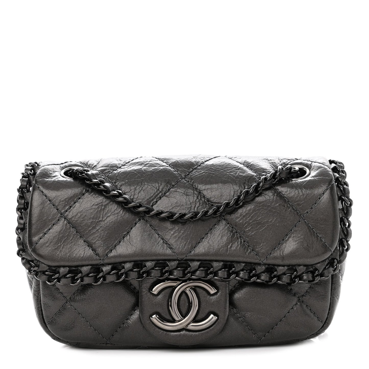 Metallic Aged Calfskin Mini Chain Me Flap Black