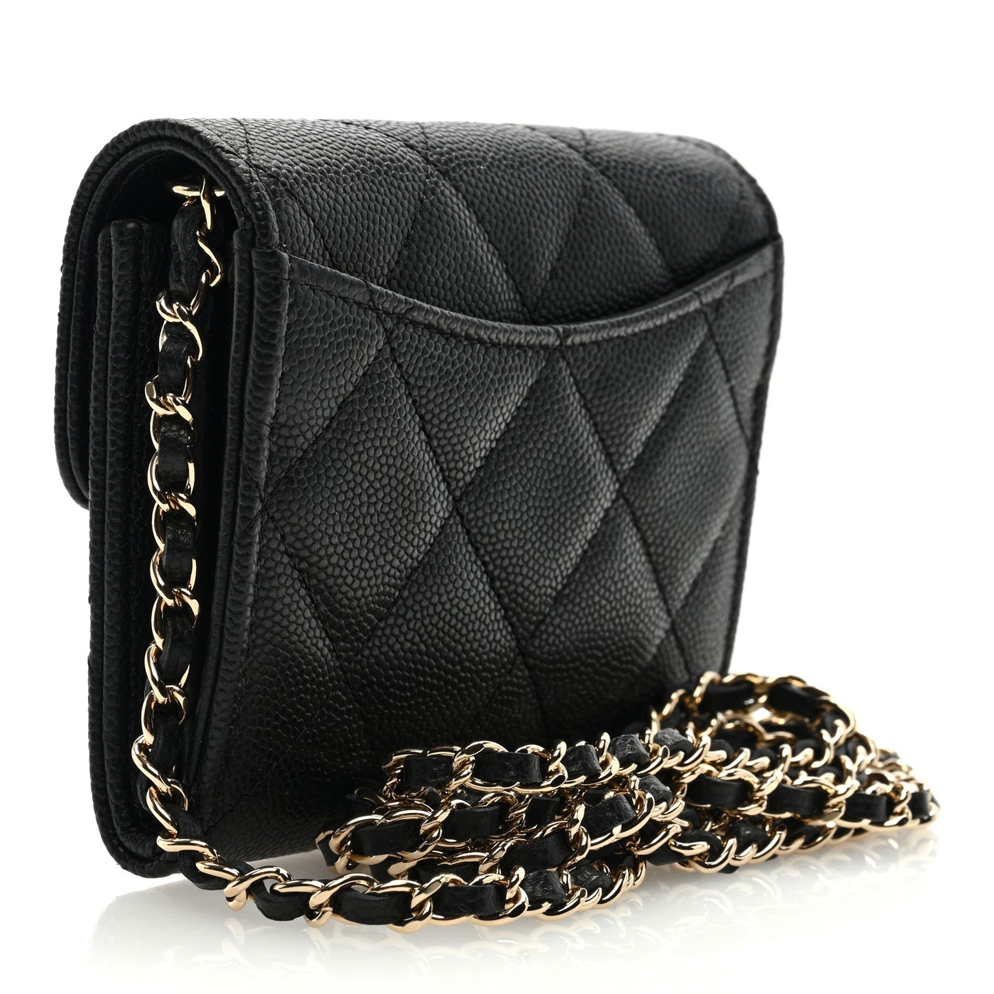Caviar Quilted Flap Card Holder On Chain Black