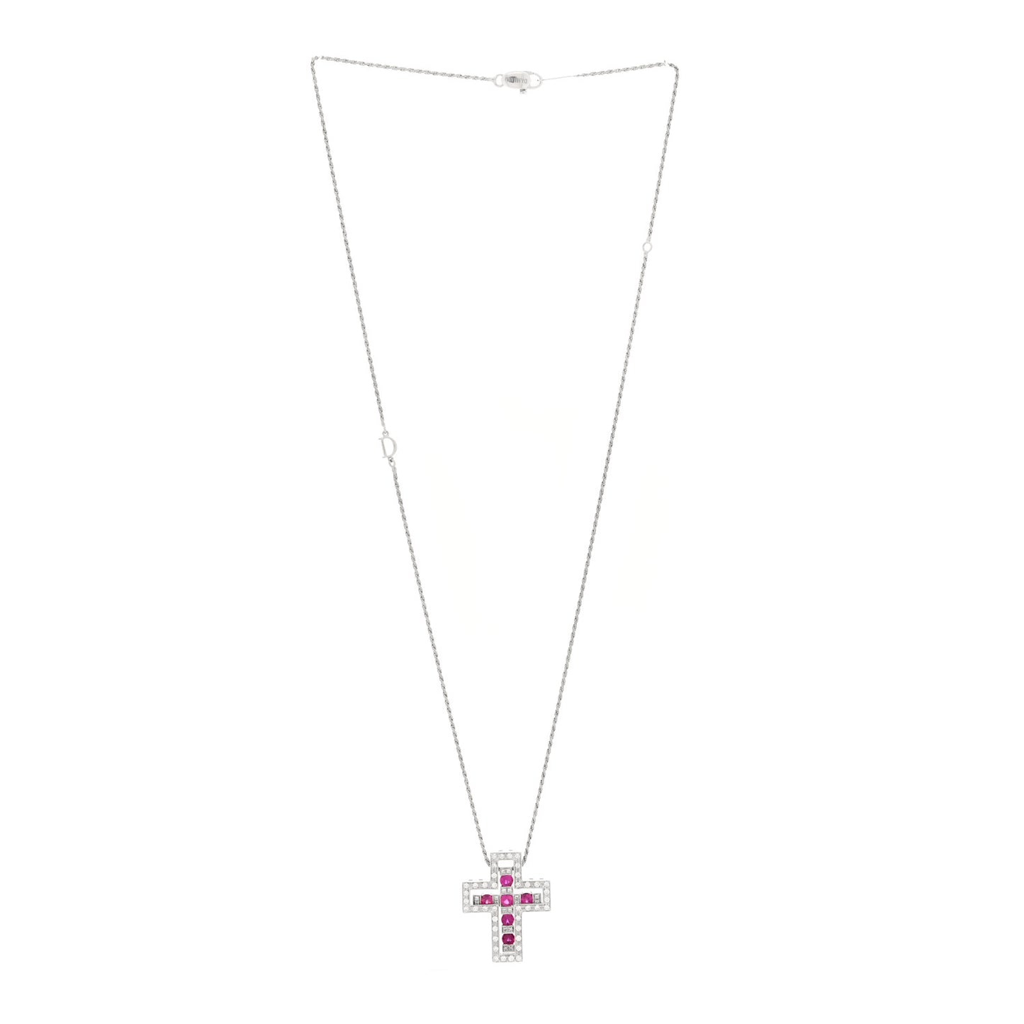 18K White Gold Diamond Ruby Belle Epoque Cross Pendant Necklace