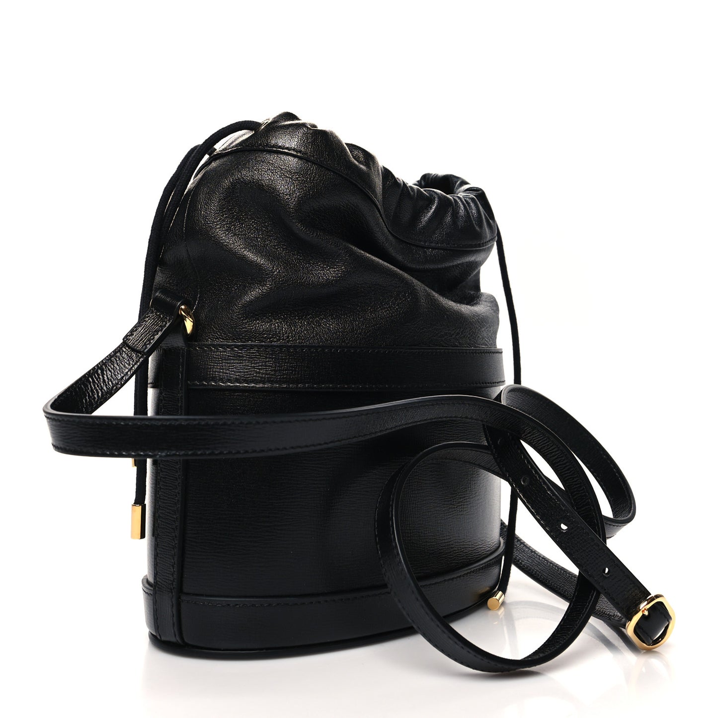 Azalea Sakai Calfskin Horsebit 1955 Drawstring Bucket Bag Black