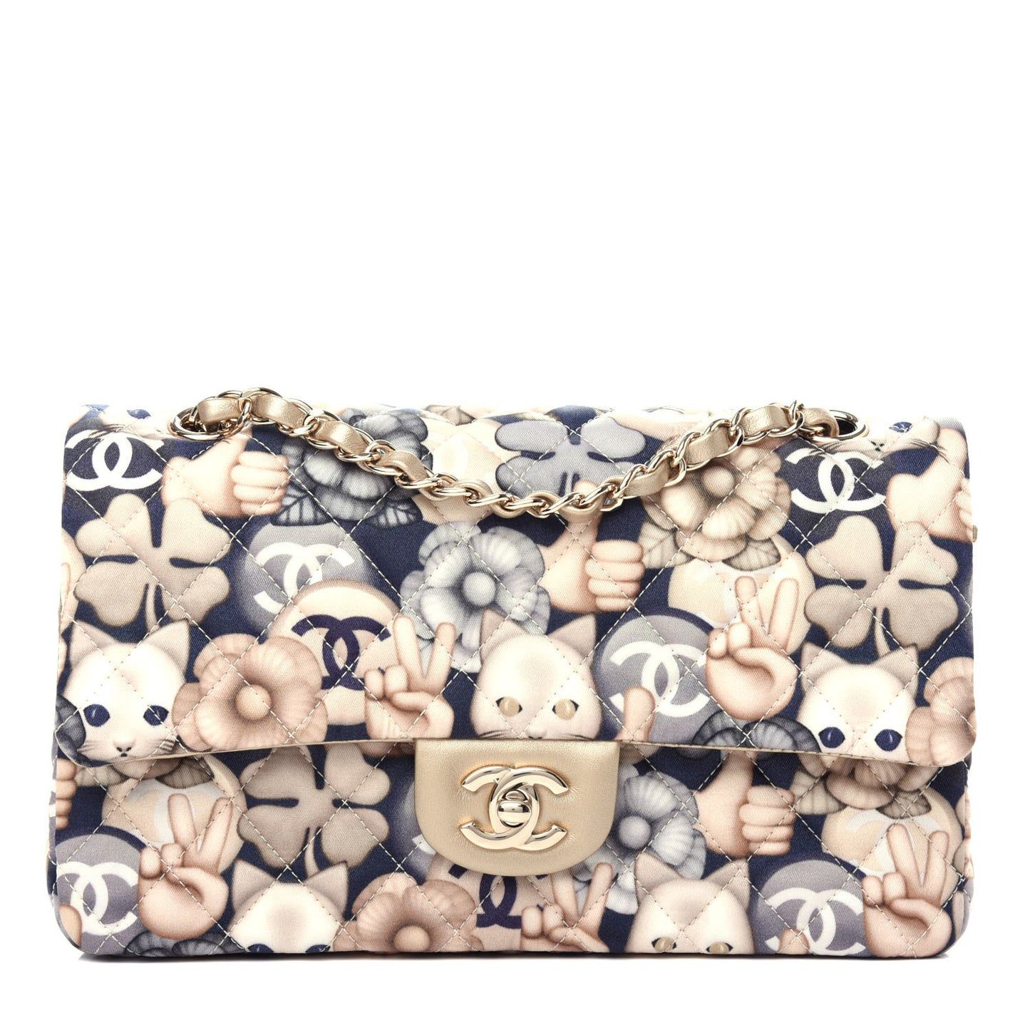Nylon Quilted Medium Cat Emoticon Double Flap Navy Gold