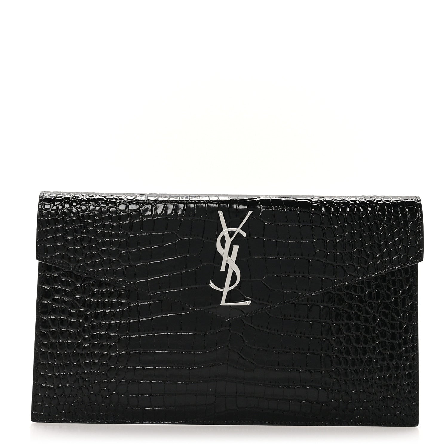 Saint Laurent Calfskin Crocodile Embossed Uptown Monogram Pouch Black 1 of 7