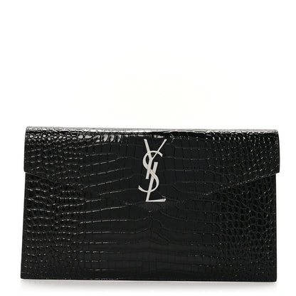 Saint Laurent Calfskin Crocodile Embossed Uptown Monogram Pouch Black 1 of 7