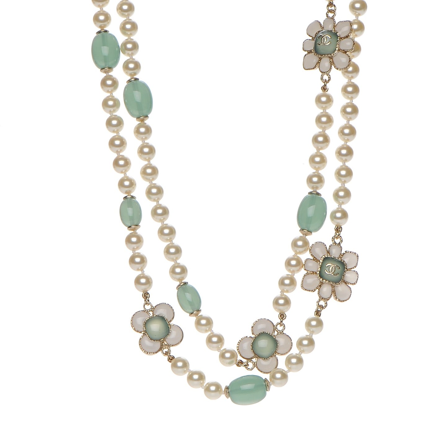Pearl Gripoix Poured Glass Long Necklace Gold Green White