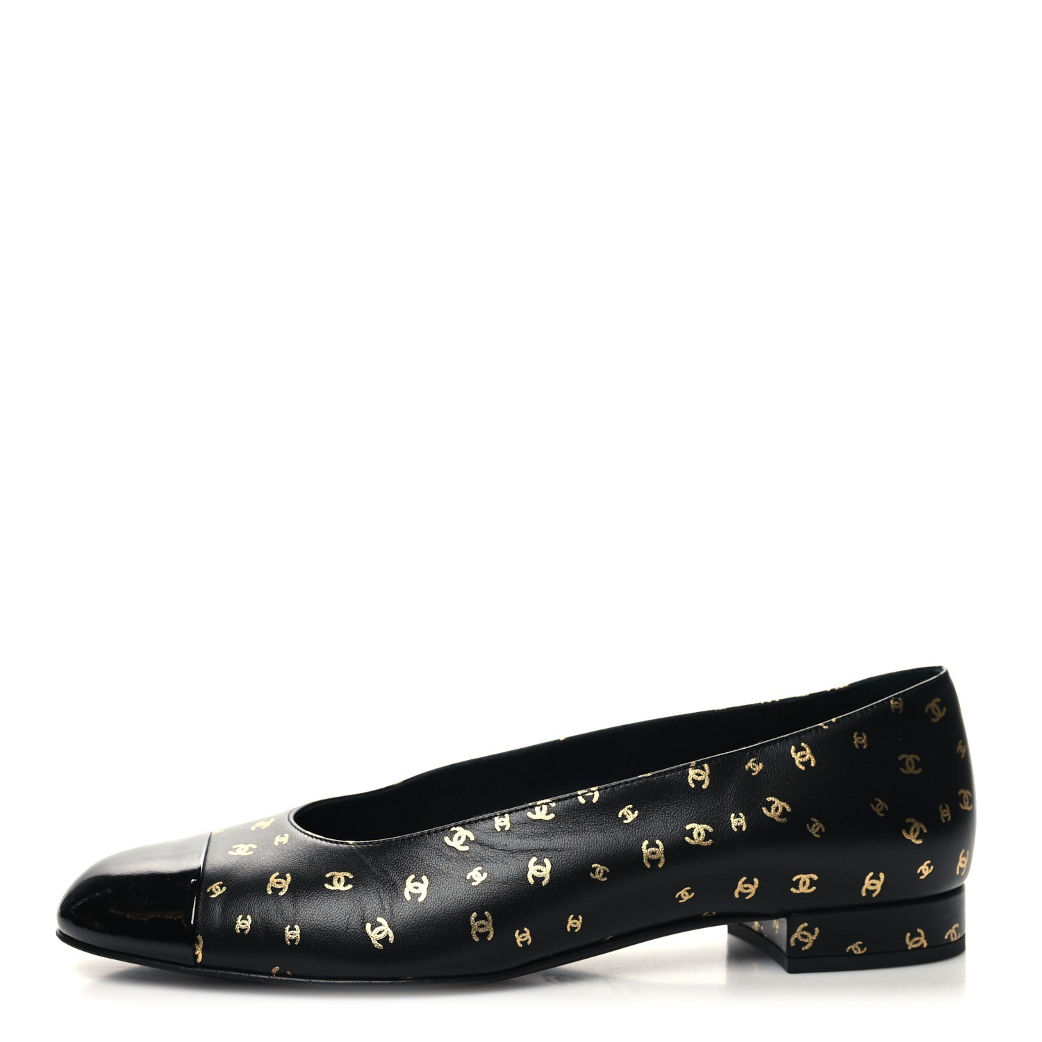 Chanel Lambskin Patent Calfskin Printed CC Cap Toe Ballerina Flats 39.5 Black Gold 1 of 9