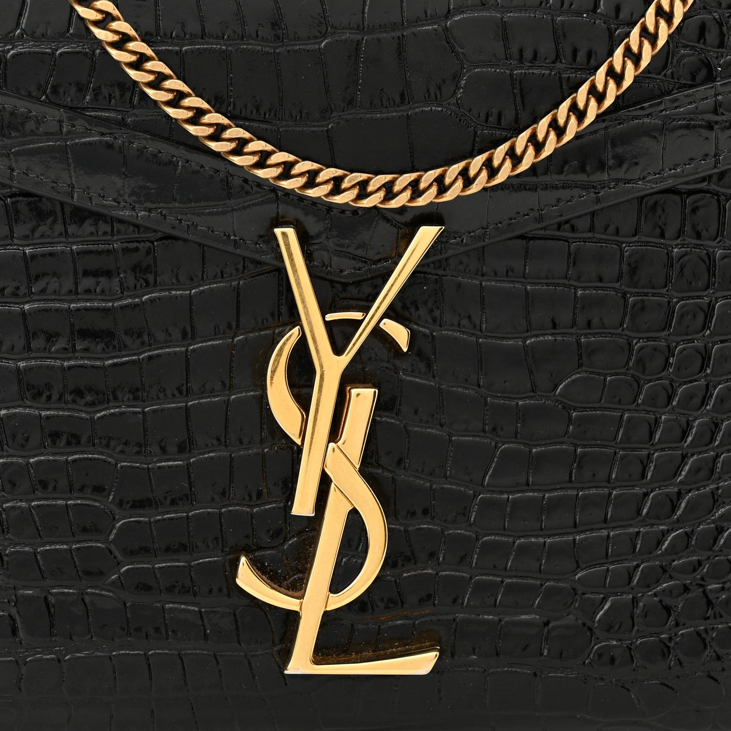 Calfskin Crocodile Embossed Monogram Cassandra Chain Wallet Black