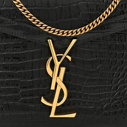 Saint Laurent Calfskin Crocodile Embossed Monogram Cassandra Chain Wallet Black 8 of 11