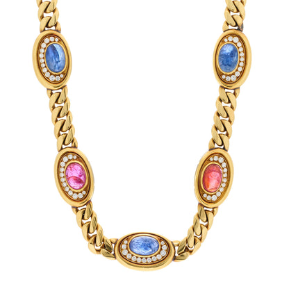 Bulgari 18K Yellow Gold Diamond Blue Sapphire Ruby 5 Station Collar Necklace 1 of 4