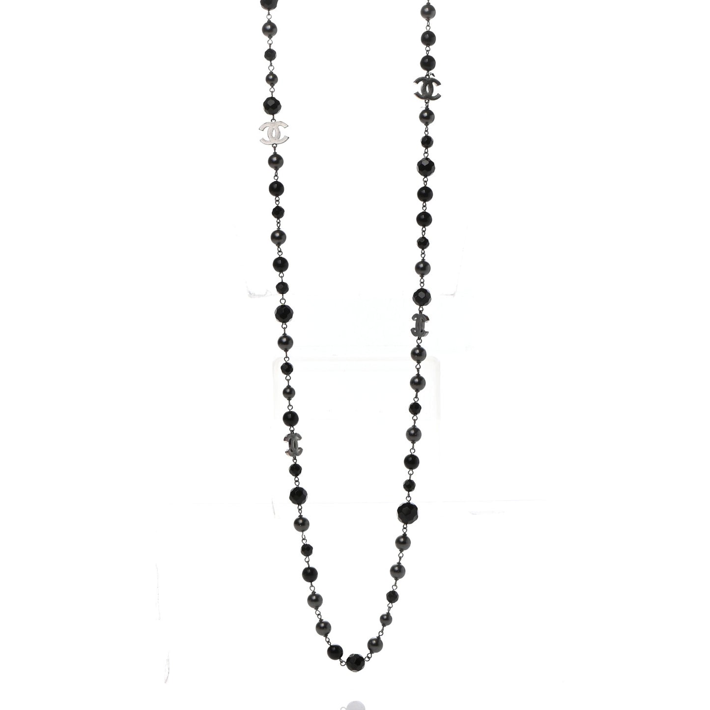 Pearl Beaded CC Long Necklace Silver Black