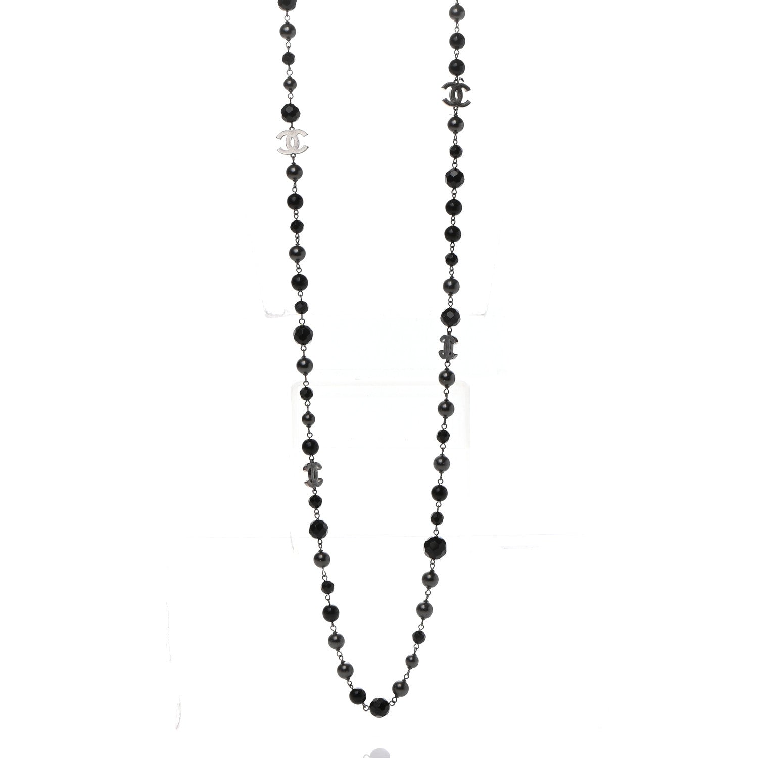 Chanel Pearl Beaded CC Long Necklace Silver Black 1 of 5