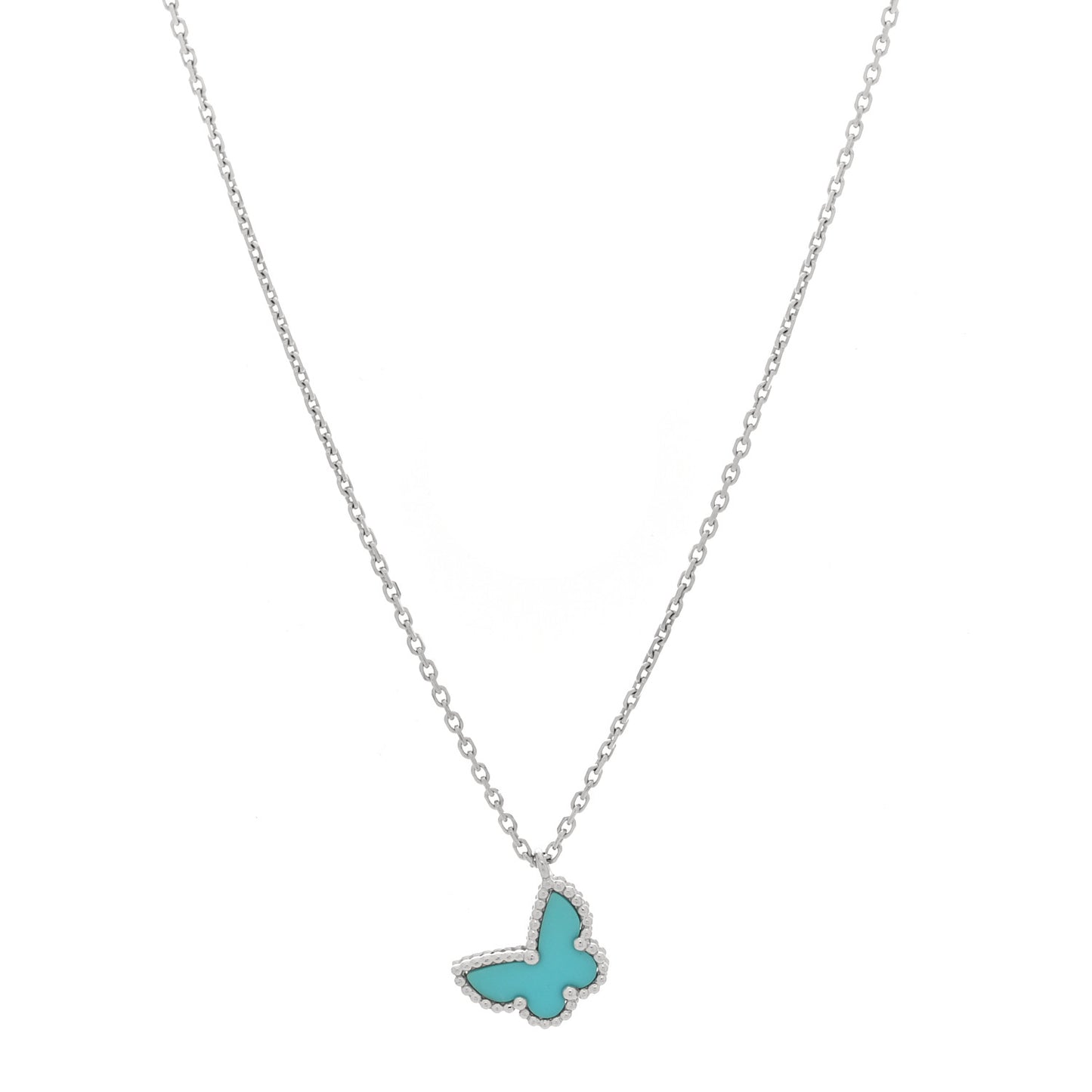 18K White Gold Turquoise Sweet Alhambra Butterfly Pendant Necklace