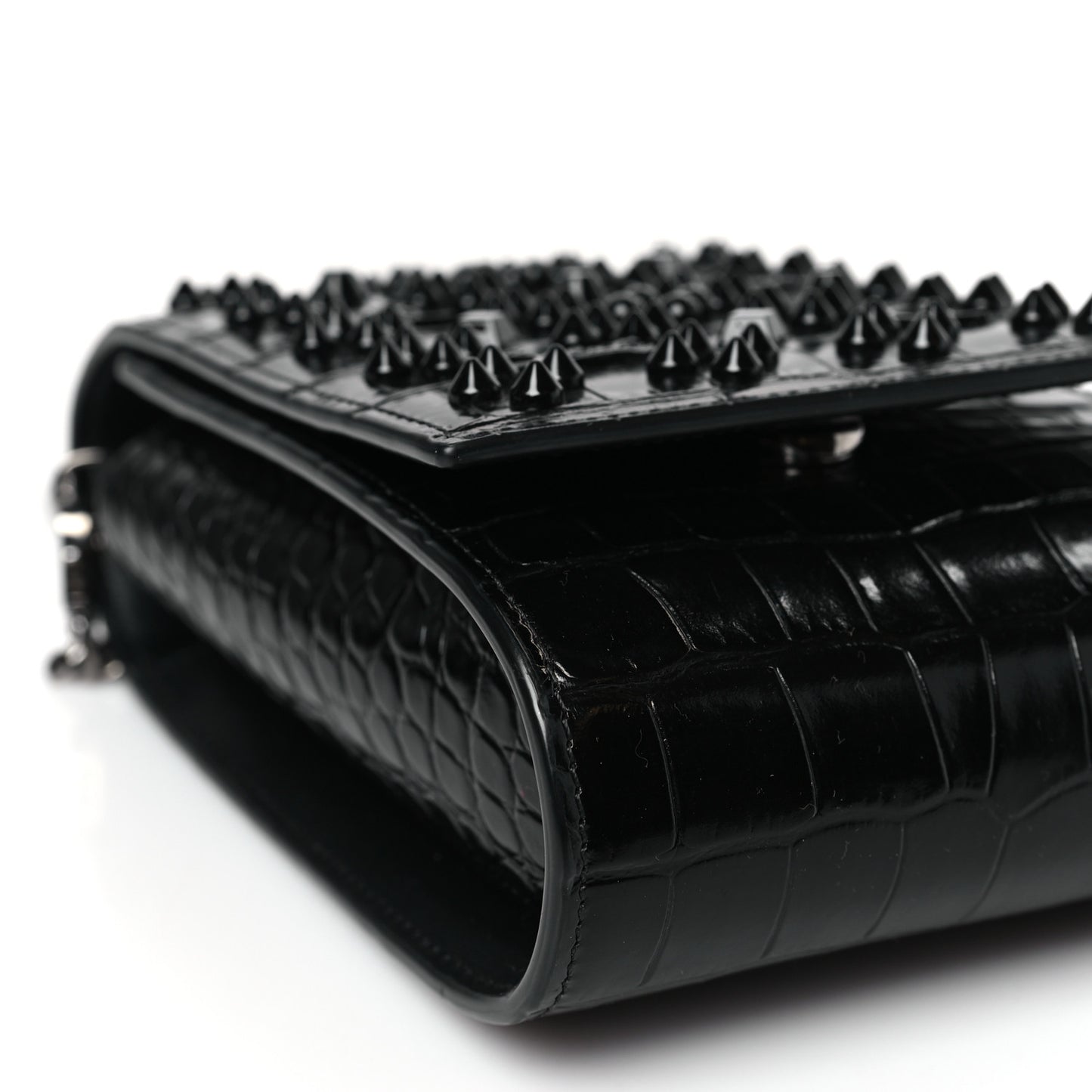 Crocodile Embossed Calfskin Spikes Loubinthesky Paloma Crossbody Phone Case Black