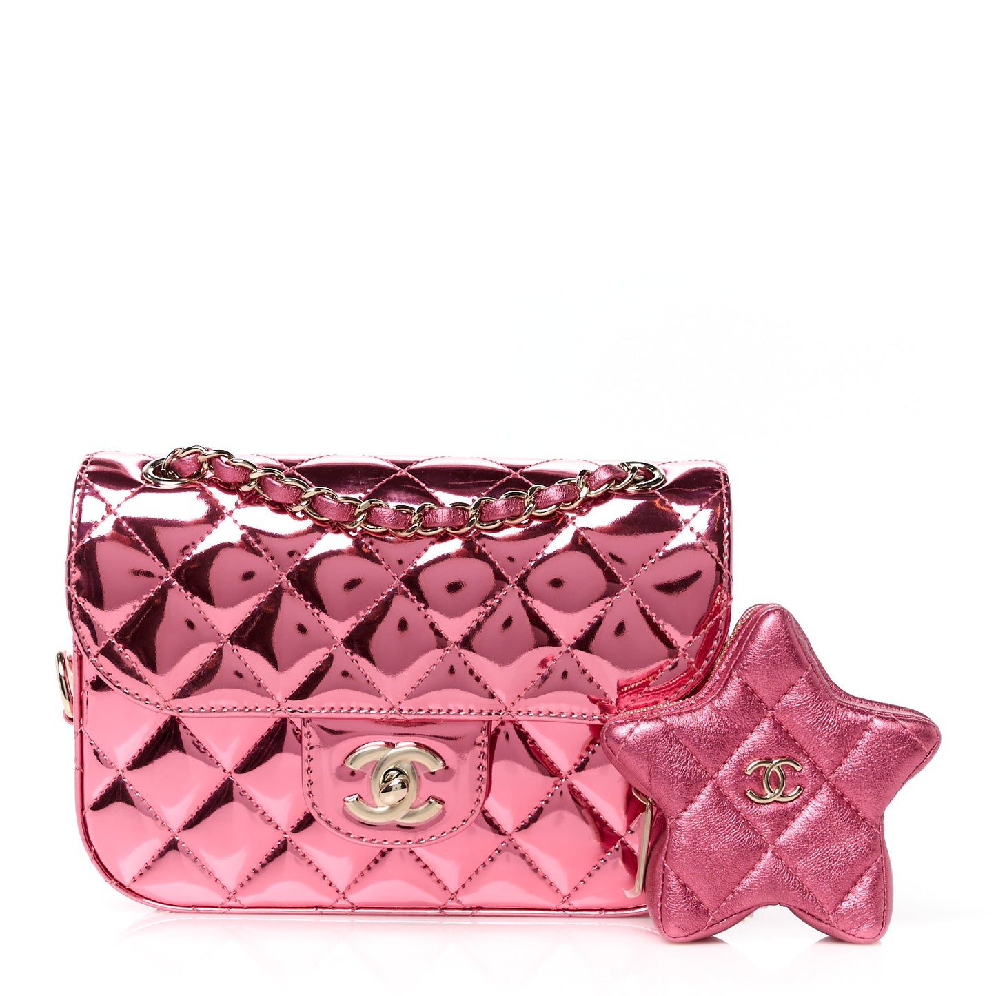 Mirror Calfskin Metallic Lambskin Quilted Hollywood Boulevard Mini Flap With Star Coin Purse Pink