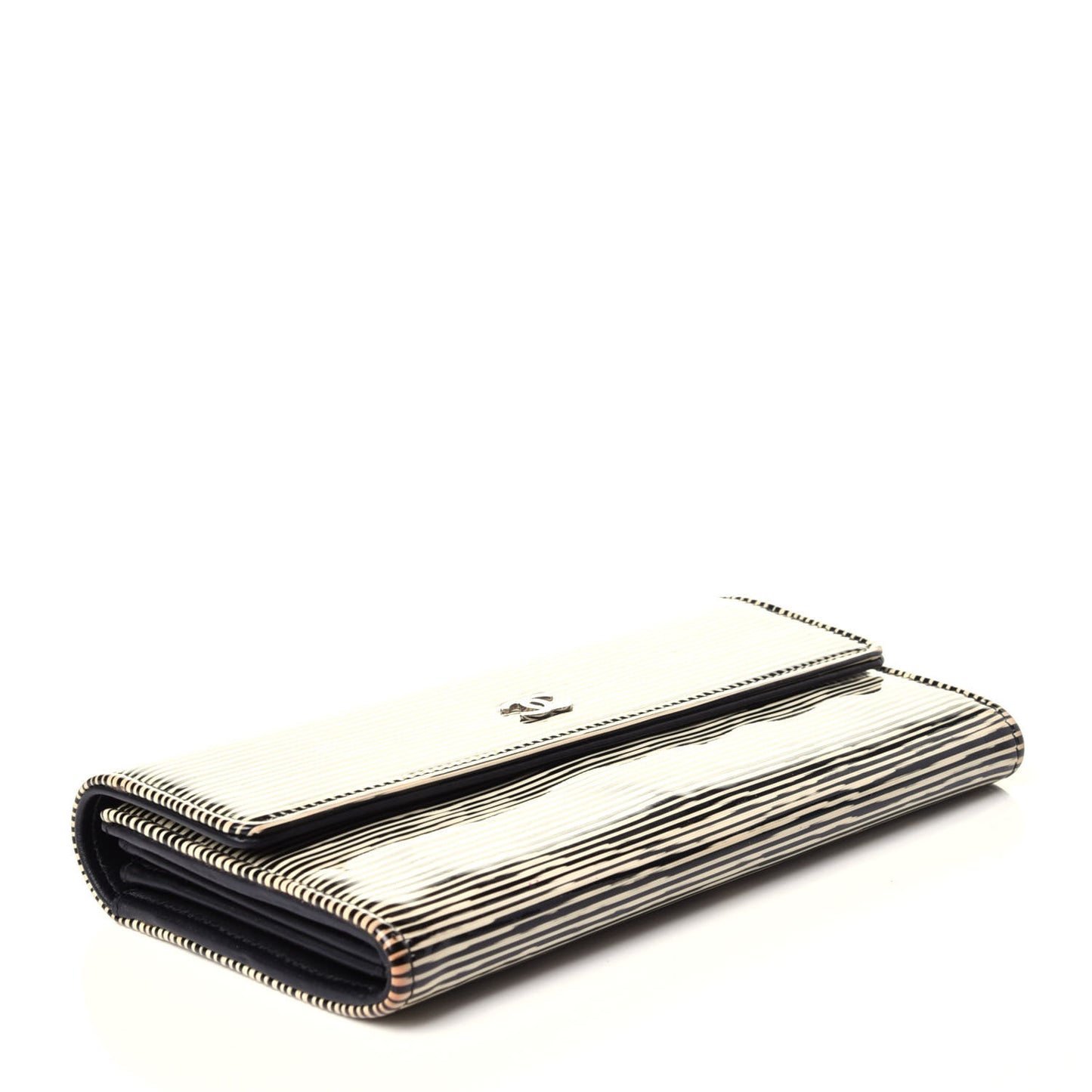 Patent Calfskin Striped Long Flap Wallet Black