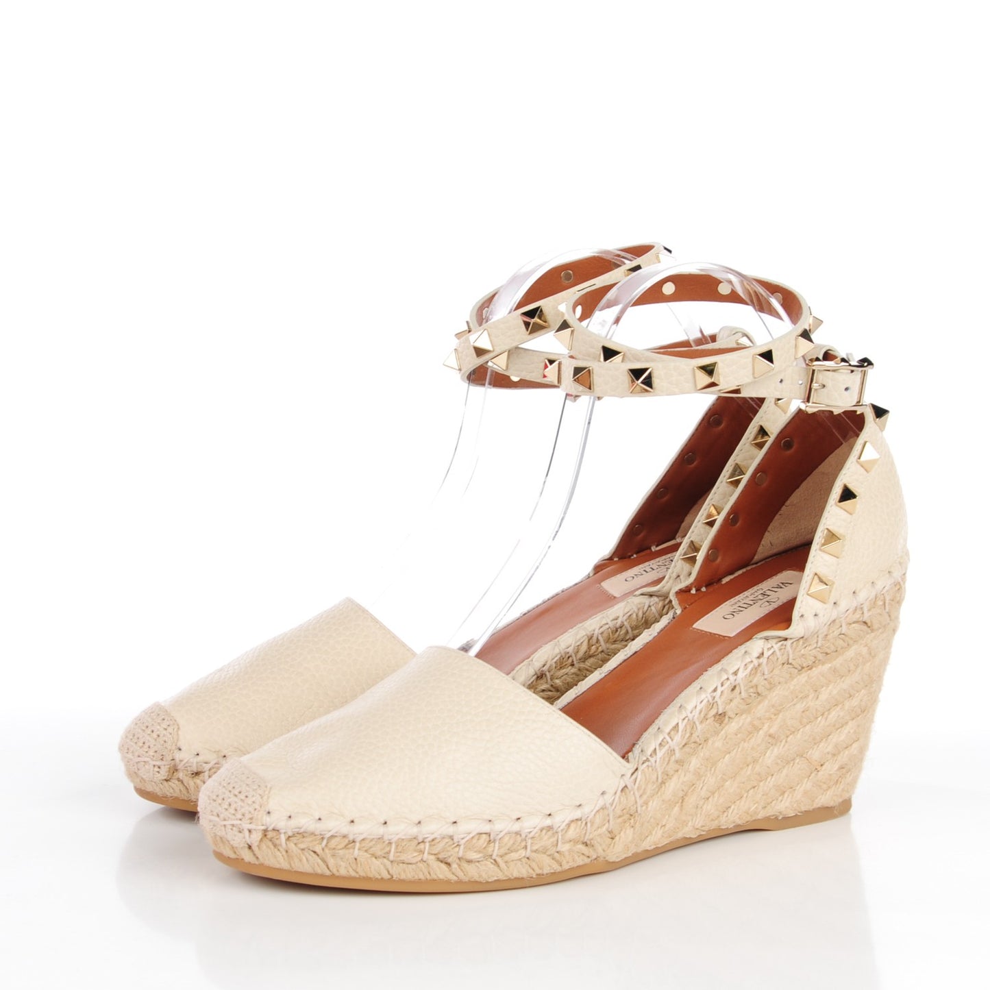 Grained Calfskin Rockstud Ankle Wrap Espadrille 15/85mm Wedges 39 Light Ivory