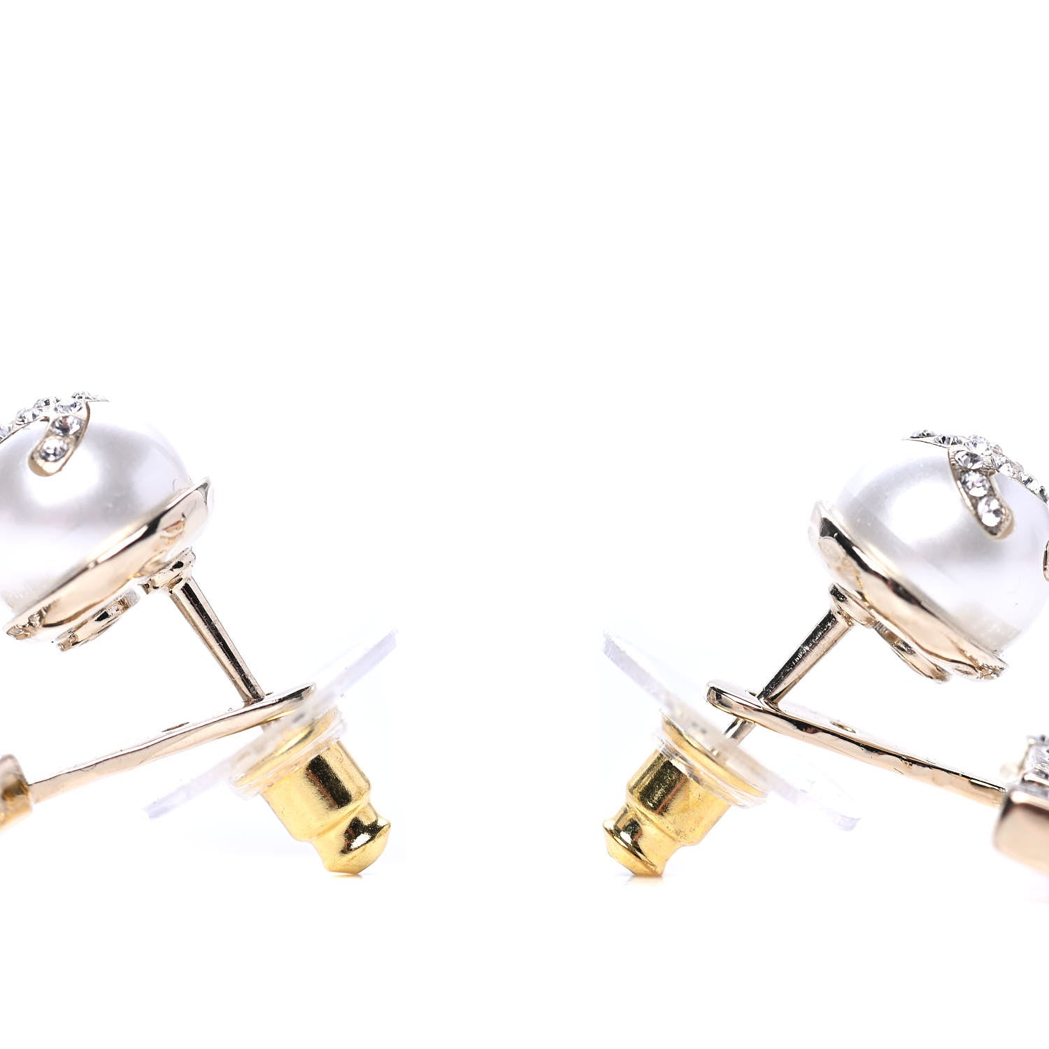 Chanel Pearl Crystal Logo Earrings Gold Pearly White 3 of 4