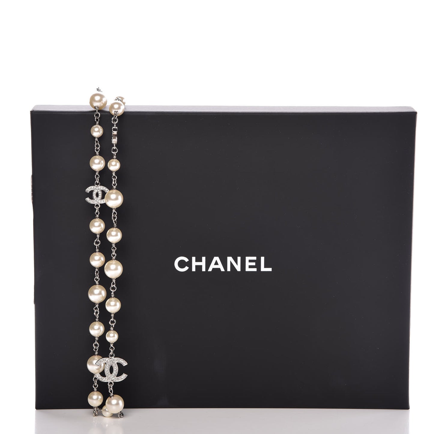 Crystal Pearl CC Long Necklace Silver