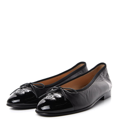 Chanel Lambskin Patent Cap Toe Ballerina Flats 37 Black 3 of 11