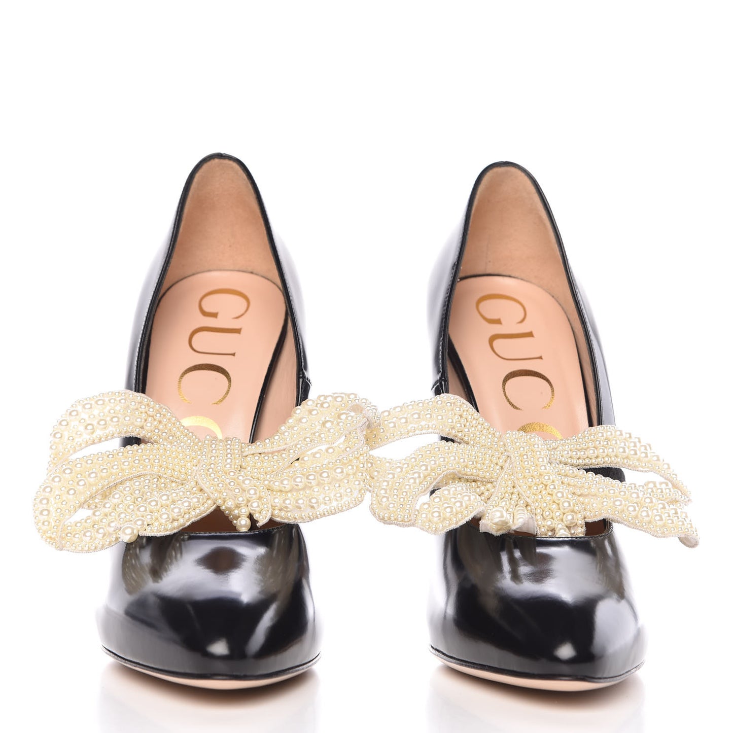 Polished Calfskin Removable Pearly Bow Elaisa Platform High Heel Pumps 37.5 Black