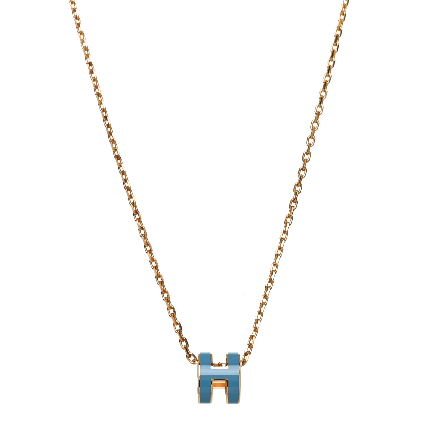Hermes Lacquered Gold Mini Pop H Pendant Necklace Bleu Jean 1 of 5