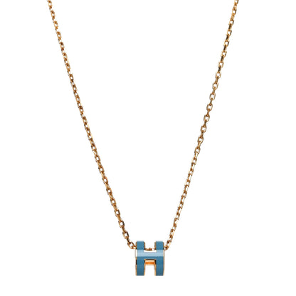 Hermes Lacquered Gold Mini Pop H Pendant Necklace Bleu Jean 1 of 5