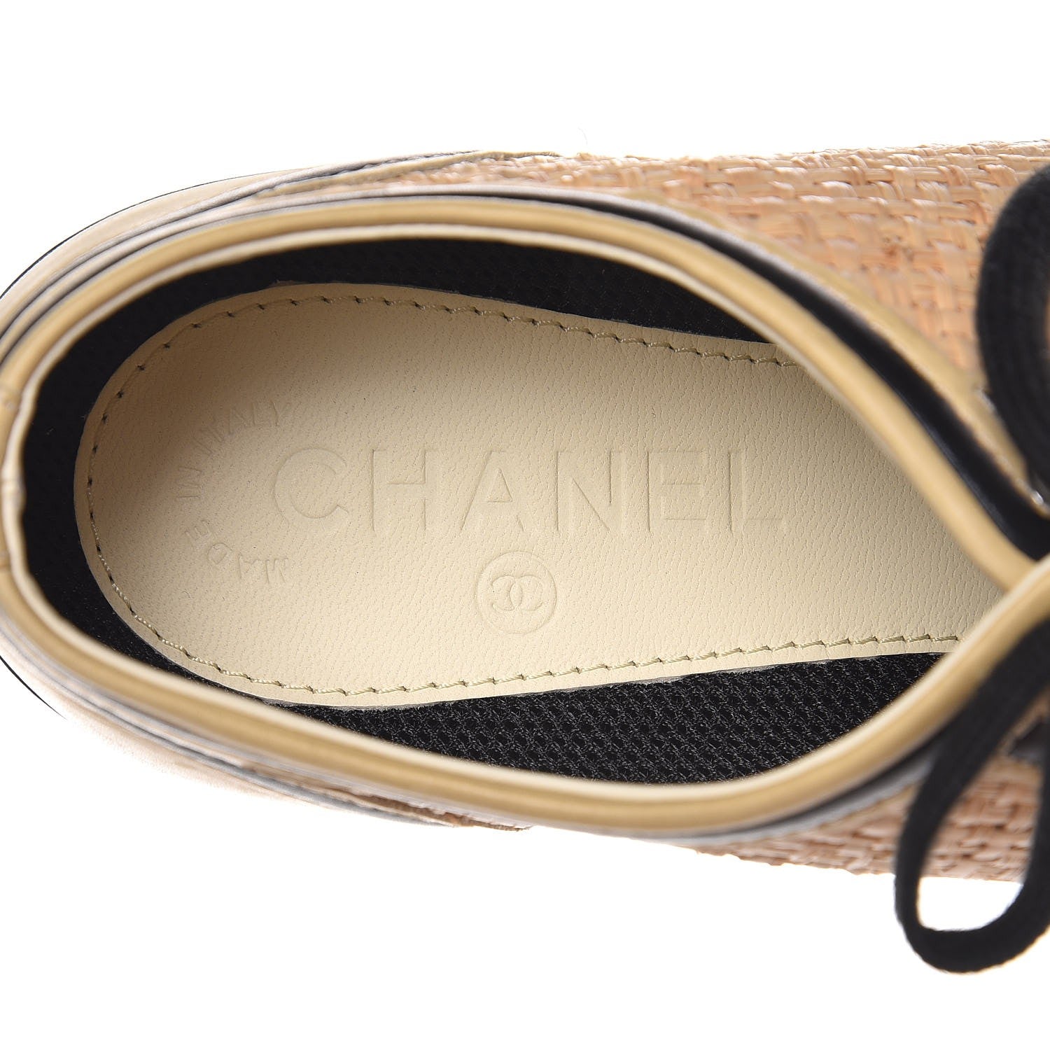 Chanel Straw Calfskin Lace Up Sneakers 39.5 Beige Black 6 of 9