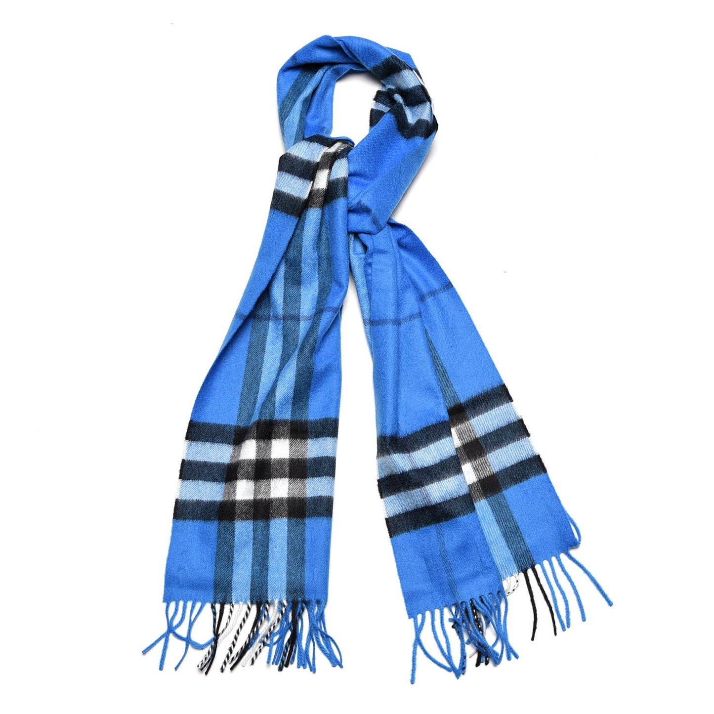 Cashmere Giant Check Fringe Scarf Bright Cornflower Blue