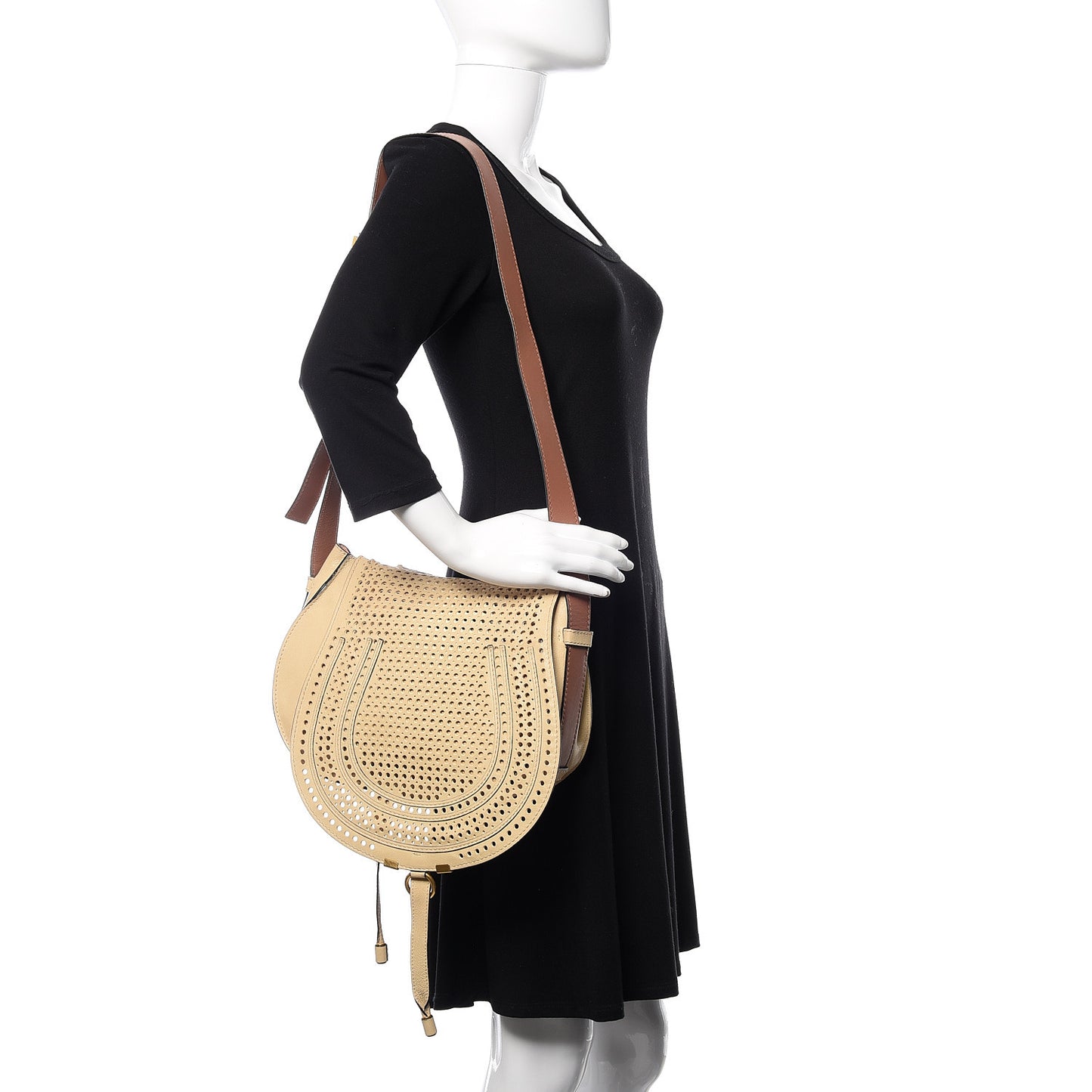 Calfskin Medium Perforated Marcie Round Crossbody Bag Beige