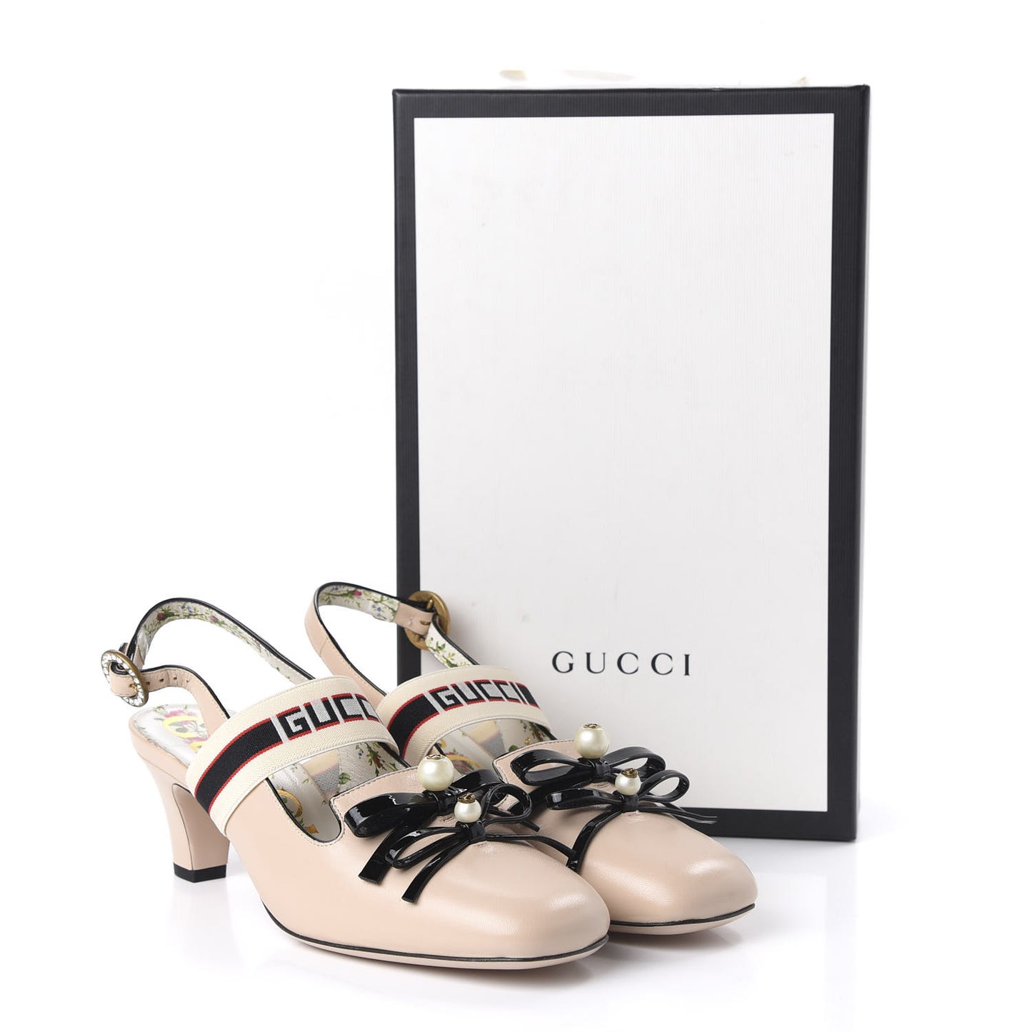 Malaga Kid Bow Ace Stripe Mid Heel Slingback Pumps 38.5 Beige