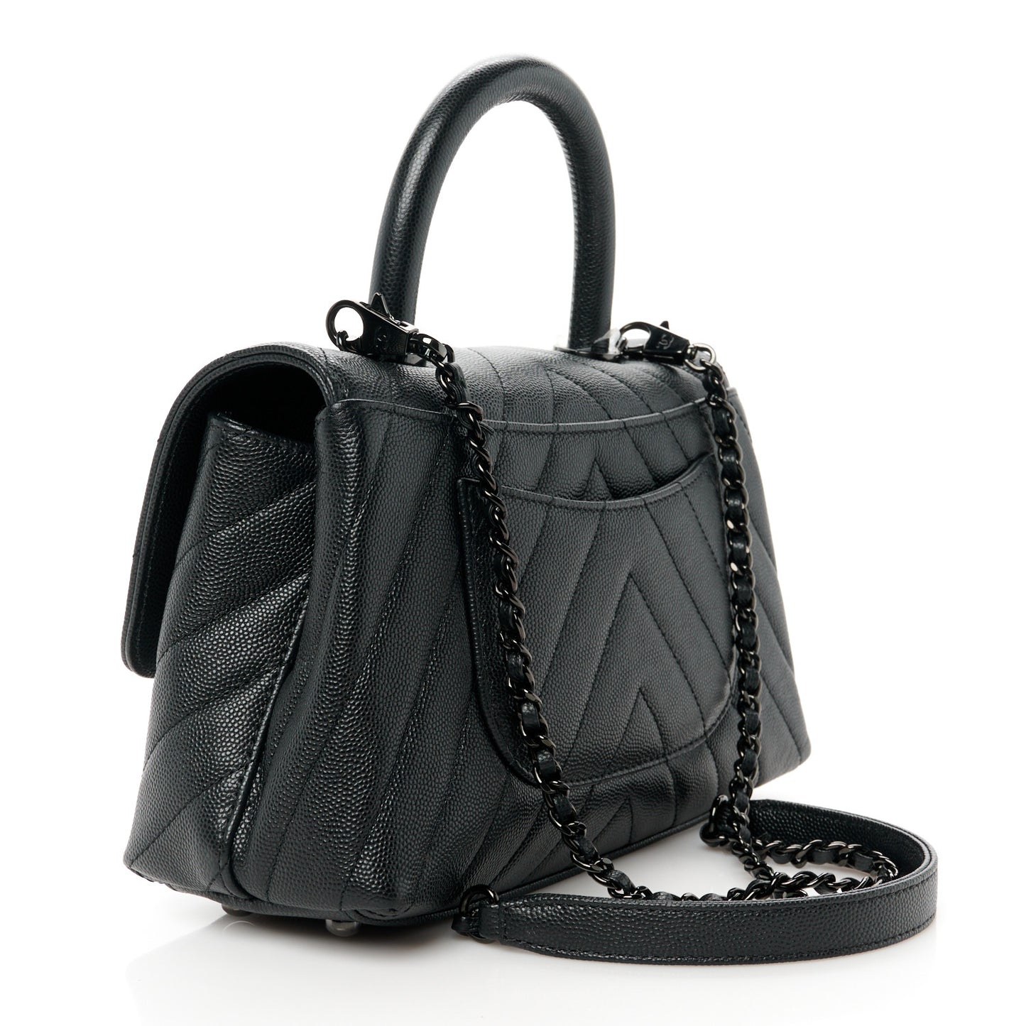 Caviar Chevron Quilted Mini Coco Handle Flap So Black