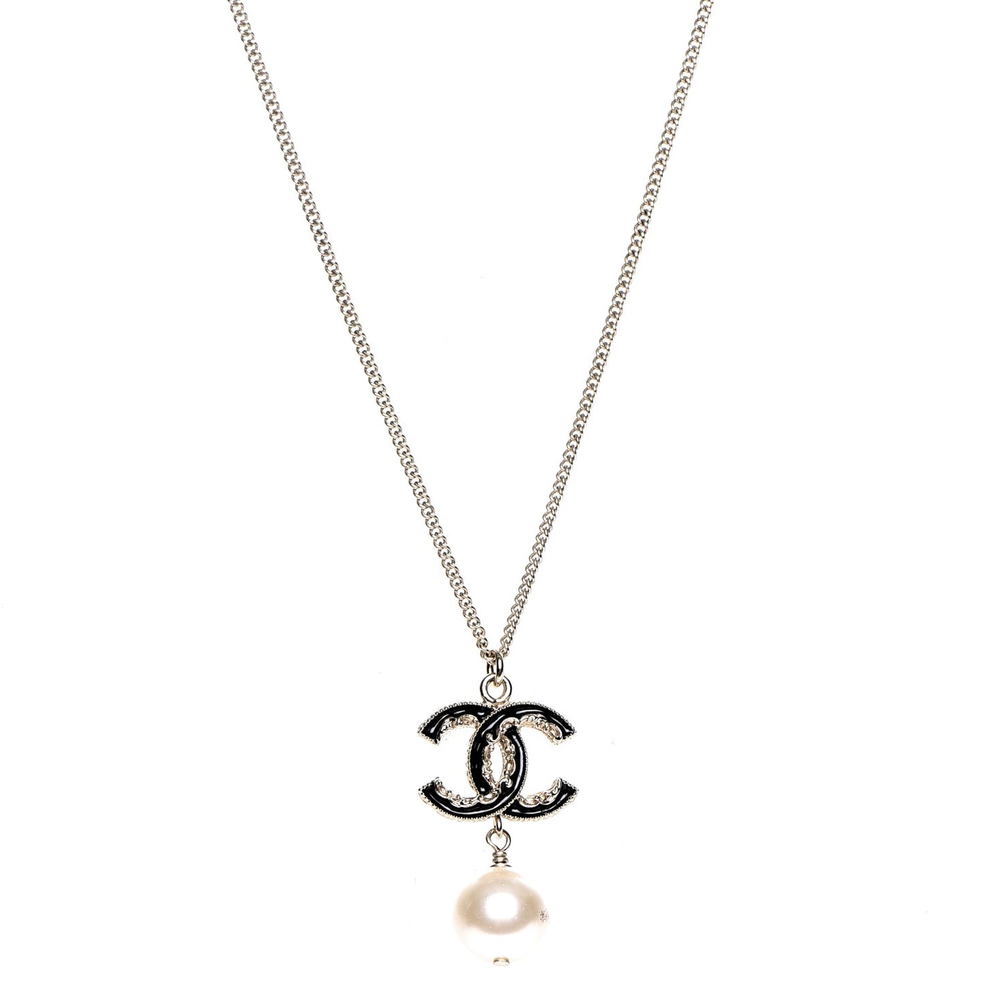 Enamel CC Baroque Pearl Drop Necklace Black Gold
