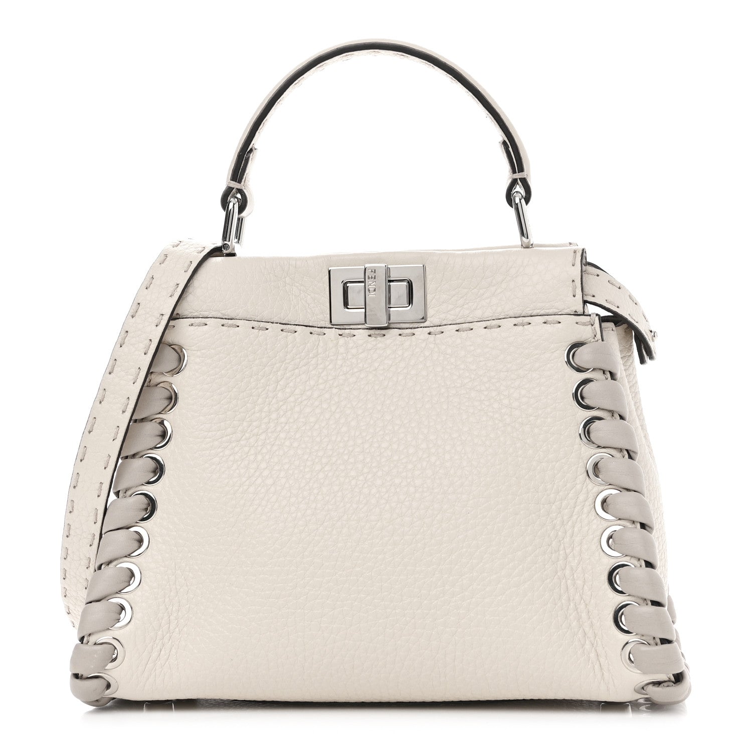 Fendi Cuoio Romano Selleria Vitello Dolce Lace Up Mini Peekaboo Iconic Satchel Camelia Milk Grigio Polvere 1 of 10