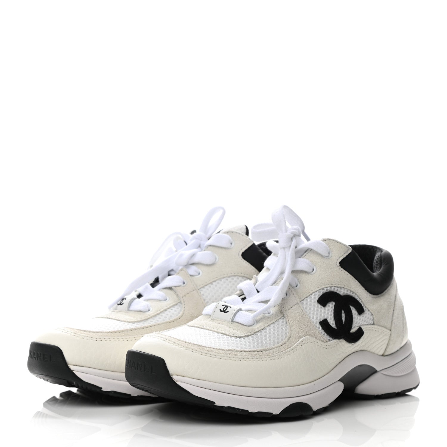 Chanel Mesh Suede Calfskin Grained Calfskin Womens CC Sneakers 37 White Black 3 of 7
