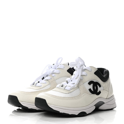 Chanel Mesh Suede Calfskin Grained Calfskin Womens CC Sneakers 37 White Black 3 of 7