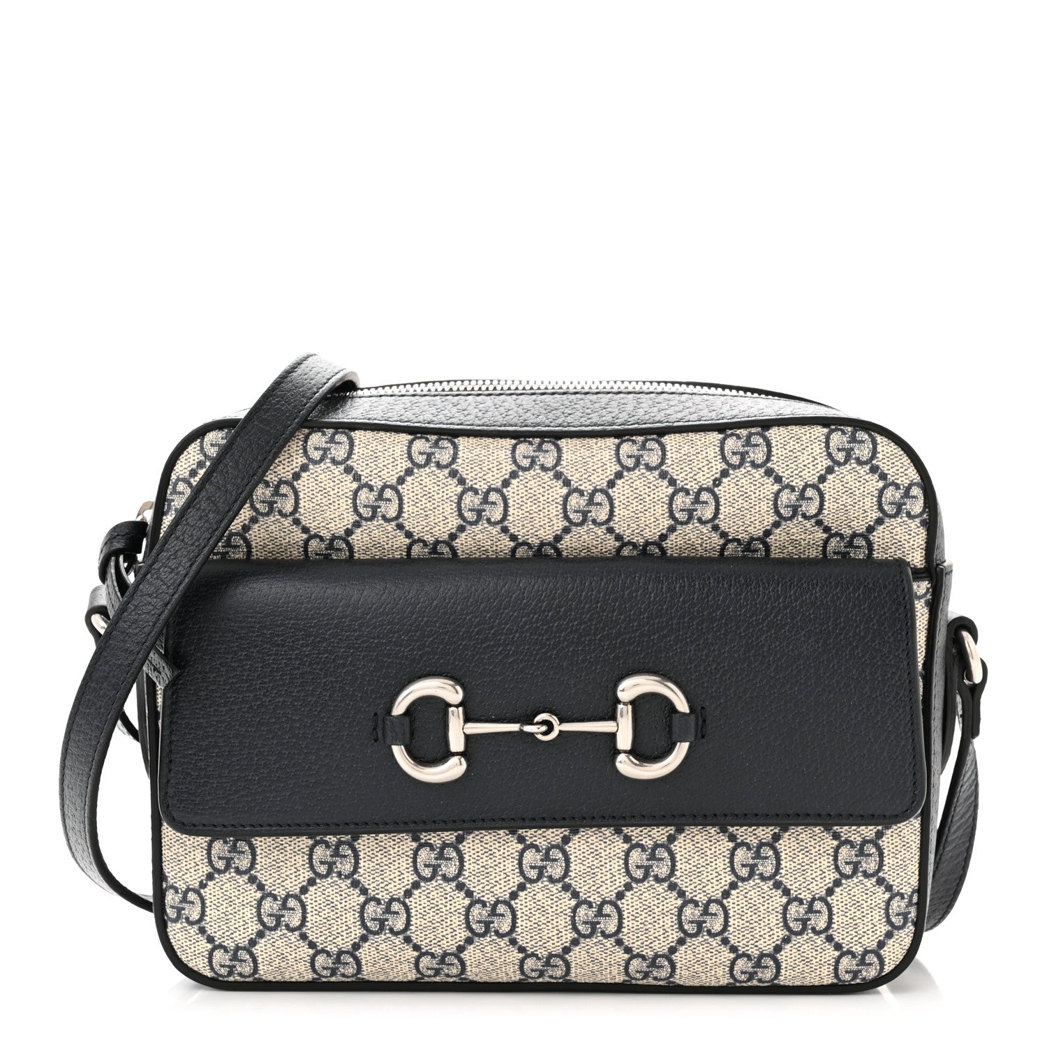 Gucci GG Supreme Monogram Textured Dollar Calfskin Small Horsebit 1955 Shoulder Bag Beige Blue 1 of 10